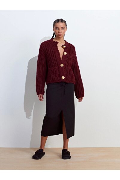 NATUFIAN STORE Women's Metal Buttoned Thick Knitted Long Sleeve Knitwear Cardigan