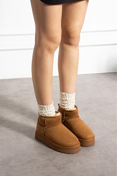 dabab shoes MIRA Kadın Taba Peluş Astarlı Süet Kısa Kışlık Bot