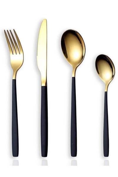 Generic Flatware Cutlery Set, Royal 4 Piece Matte Black Gold Stainless Steel ...