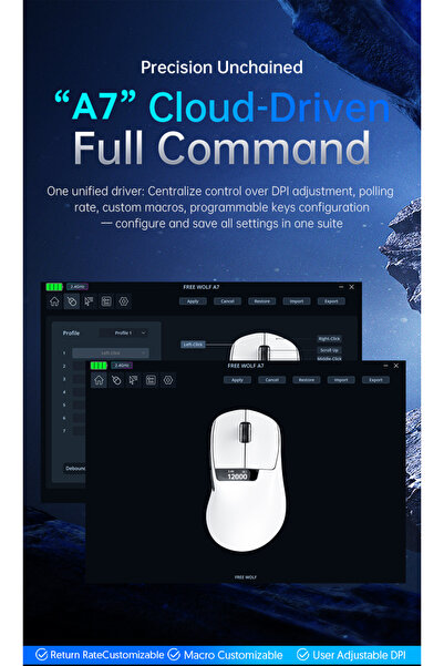 ATAsoft Freewolf A7 Kablosuz Dijtal Ekranlı Oyuncu Mouse PAW3311 1000 Hz 24000 DPI Bluetooth Mouse
