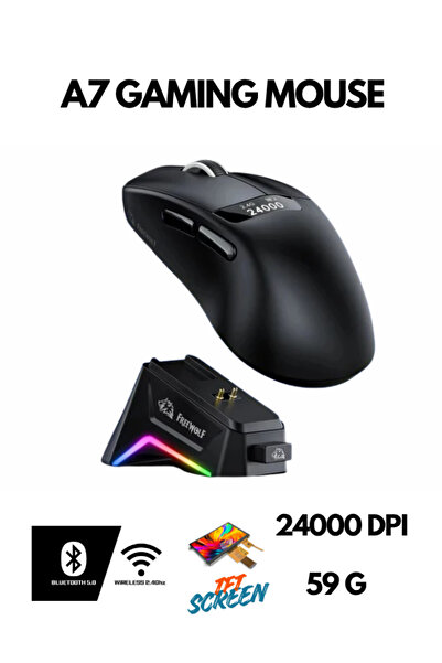 ATAsoft ELEKTRONİK Since 2021 Freewolf A7 Kablosuz Dijtal Ekranlı Oyuncu Mouse PAW3311 1000 Hz 24000 DPI Bluetooth Mouse