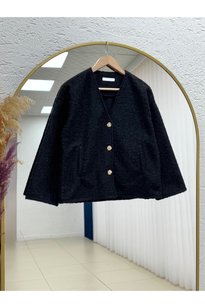 BENAHOLL Eara Μπουφάν Mango Cashmere με διπλή τσέπη και χρυσά κουμπιά-BN4541 Μαύρο