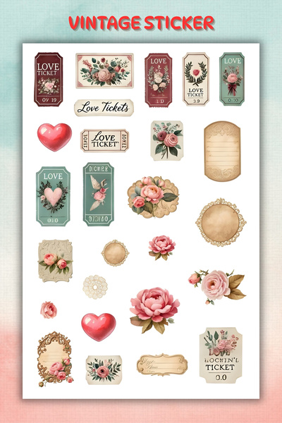 birikiyedi Vintage Temalı Sticker Seti Bullet Journal Ajanda için uygun