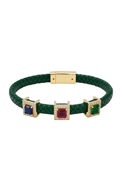 neslyaccessories Deri Renkli Zirkon Taşlı Mıkanatıs Kapamalı Yeşil Bileklik