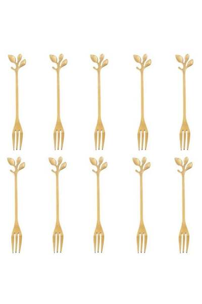 Generic 10-Piece Gold Mini Leaf Dessert Forks Set - 4.7" Elegant Stainless St...