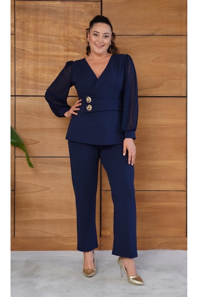 Butik Nilyam Women's Plus Size Double Breasted Collar Chiffon Sleeve Double Brooch Detail Stretchy Blouse Pants Set 25038