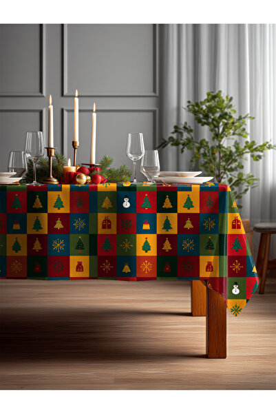 Medi Home Modern Kış Temalı Renkli Kareli Noel Deseni Masa Örtüsü