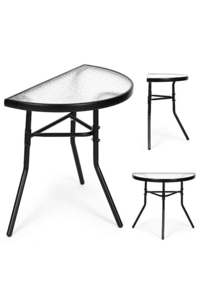 EBA ® Semi-Round Coffee Table with Tempered Glass Top – Ideal for Balcony/Terrace/Patio, Black