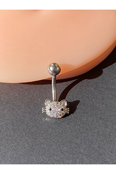 kurukafagift Göbek Çelik Piercing Kedi Figürlü Zirkon Taşlı Minimal Model