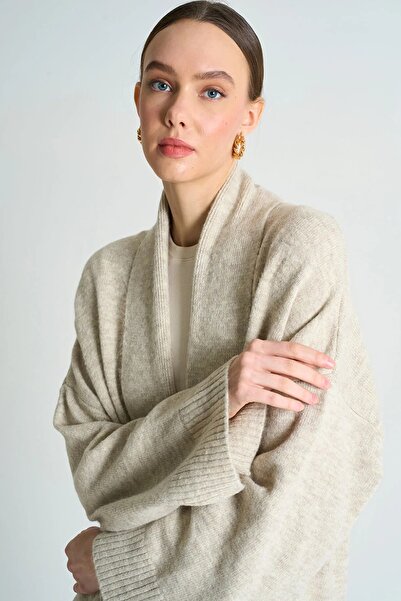 Vaveyla Women's Ecru Shawl Collar Long Knit Cardigan | Oversized & Comfortable Model