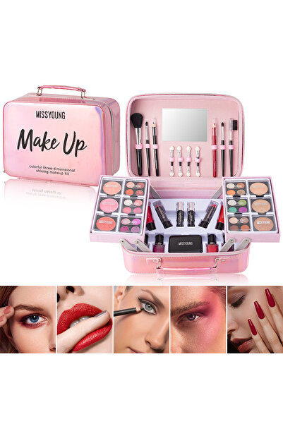Missyoung Portable Multifunctional Cosmetic Bag with Long-Lasting Glitter Eyeshadow and Lipstick Makeup Set