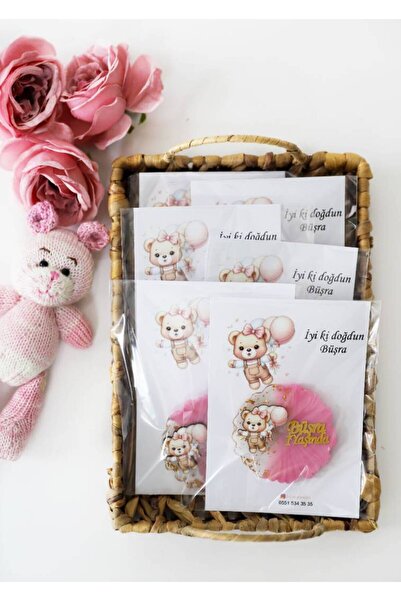 Broşürevim Pembe Balonlu Ayıcık Figürlü Kişiye Özel Kız Çocuk Doğum Günü Epok...