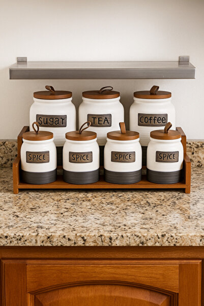 ABAREEK Ceramic spice jar set, 7 pieces, with wooden stand