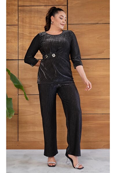 Butik Nilyam Women's Plus Size Crew Neck Waist Brooch Detailed Shiny Evening Dress Set 25058