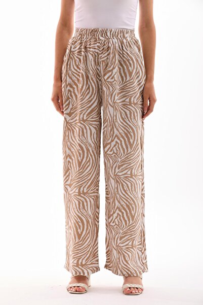 charamela Beige-White Patterned Women's Patterned Comfortable Fit Palazzo Pants -