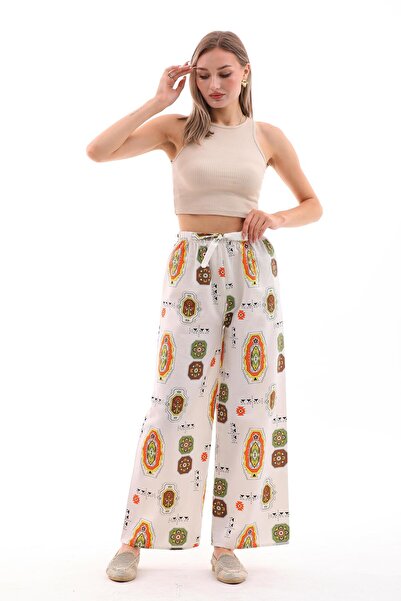 charamela Women's Linen Blend Elastic Waistband White Orange Green Patterned Palazzo Pants -