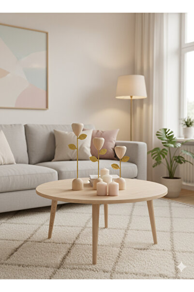 Woodya Üçlü ahşap Gold yapraklı tel şamdan 28cm/22cm/18cm