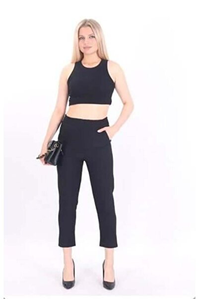 charamela Double Fabric Waistband with Elastic Black Smart Casual Carrot Pants -