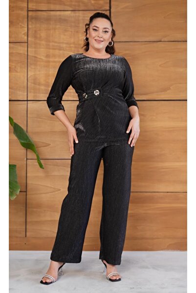 Butik Nilyam Women's Plus Size Crew Neck Waist Brooch Detailed Shiny Evening Dress Set 25058