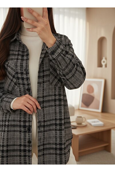 MissRunin Boydan Düğmeli Çift Cepli Tüvit Gömlek