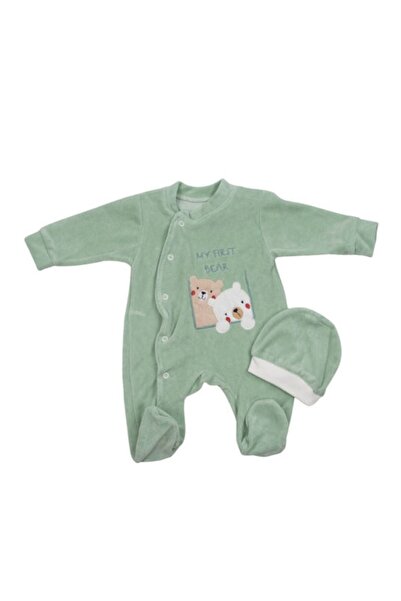 pandeia Patikli Kadife Erkek Bebek Tulum & Ayıcık Nakışlı Çıtçıtlı Yeşil Tulum & (1-9 Ay)
