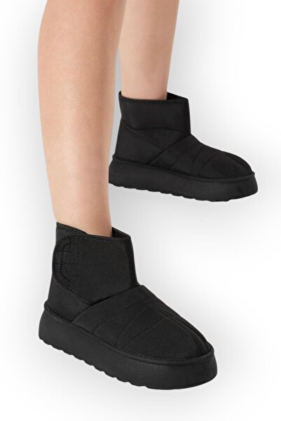 Liger Γυναικείες μπότες με επένδυση από γούνα, ύφασμα αλεξίπτωτου, Velcro και χοντρή σόλα ΜΑΥΡΟ