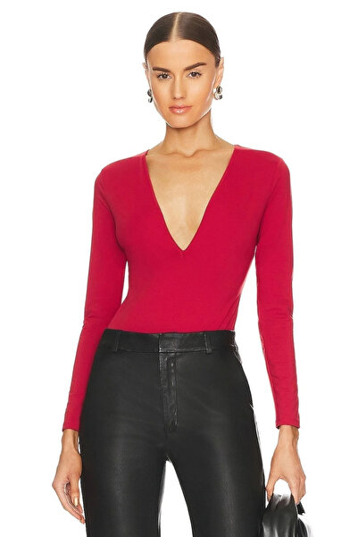 bysoca Body roșu pentru femei, cu decolteu în V adânc, cu mâneci lungi, cu st...