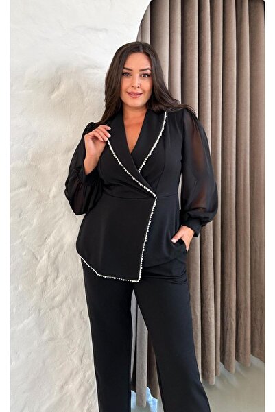 Butik Nilyam Women's Plus Size Double Breasted Lapel Chiffon Balloon Sleeve Pearl Detail Blouse Pants Bottom Top Set Black 25011