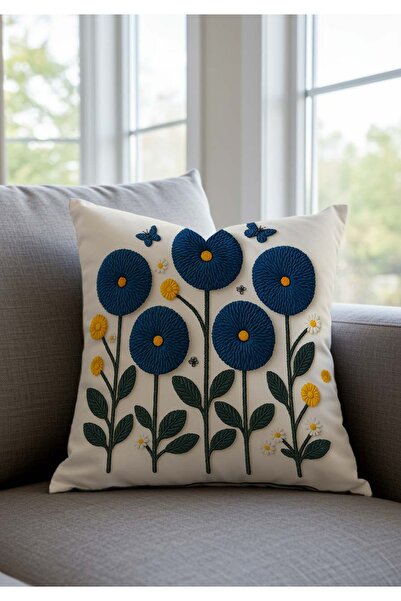 Sakallı Набір з 2 чохлів для подушок з цифровим принтом у вигляді вишивки, темно-синього кольору, з літнім квітковим мотивом