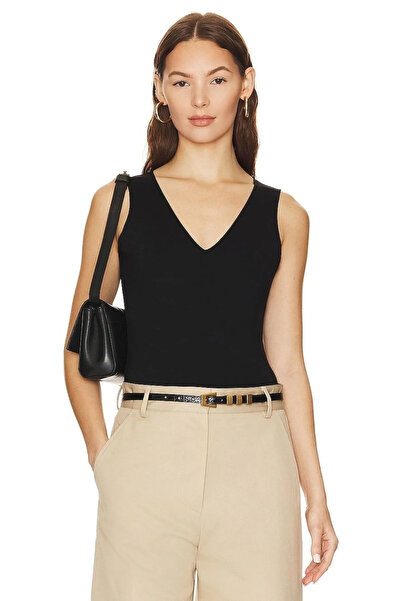 bysoca Body negru cu decolteu în V, cu mâneci zero, cu strat dublu, din țesăt...