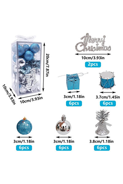 OEM Set de 32 globuri de Crăciun, 3 cm, tobe, cadouri, steluțe și figurine, plastic, albastru și argintiu