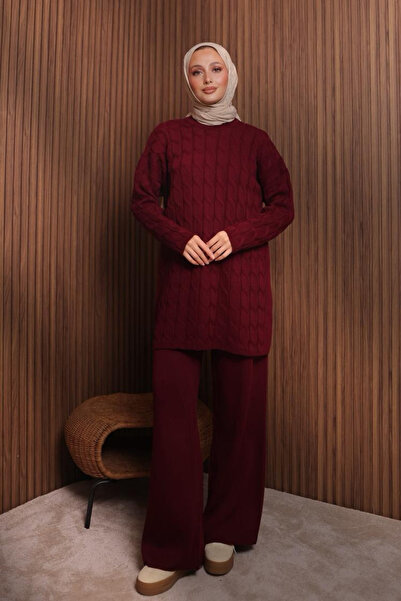 Mogi Butik Women's Oversized Hair Braid Pattern Trouser Hijab Knitwear Set 3116