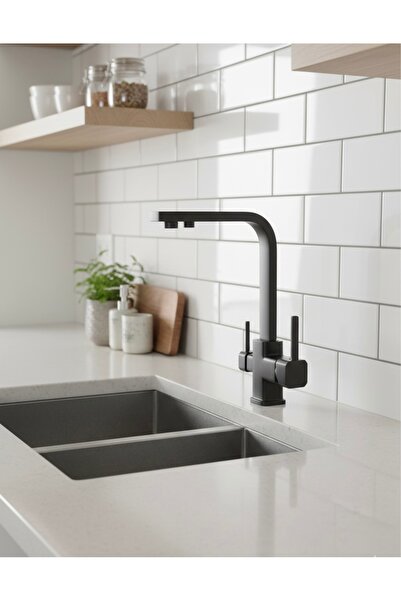 HAKEL SU ARMATÜRLERİ Siyah Arıtma Çıkışlı 3 Yollu Musluk Mutfak eviye bataryası