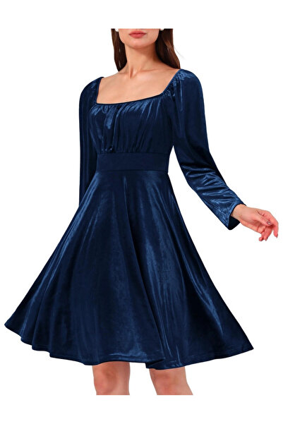 OEM Rochie de cocktail pentru femei Wedtrend, mărimea XL, catifea, elegantă, decolteu pătrat, lungime până la genunchi, albastră