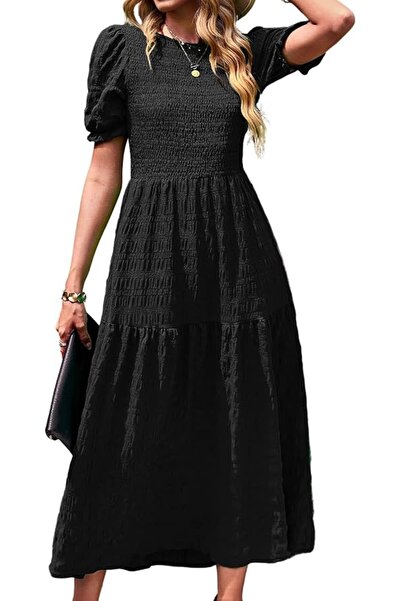 OEM BebreezChic long dress, elegant, short sleeves, round neckline, A-line cut, size M, black