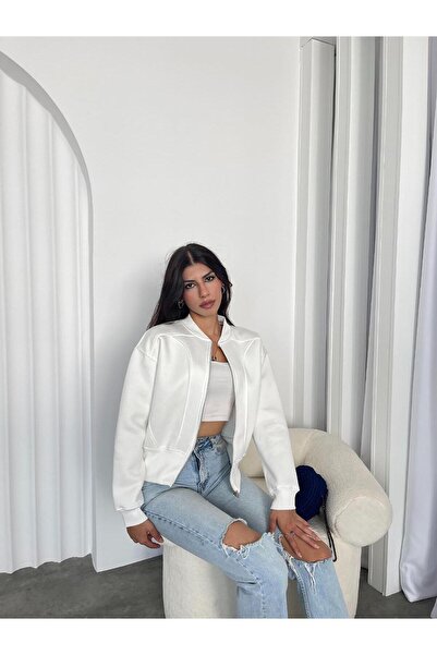 charamela سترة رياضية بيضاء بسحاب مبطن بالصوف -