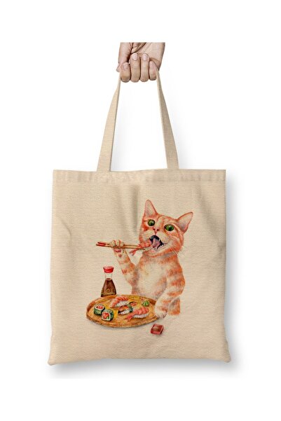 Toyaso Sushi Cat pisică Geantă drăguță din pânză albă, cu mâner lung, geantă ...