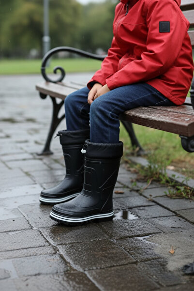 DİGGO KİDS Чорні унісекс водонепроникні міцні дощові чоботи з флісовою підкладкою