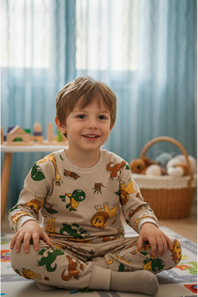 Arya Nisa Kids Boy's Fleece-Lined Cotton Brown Safari Lion Giraffe Printed Pajama Set