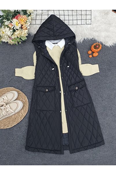 MissRunin Covered pocket quilted vest - black