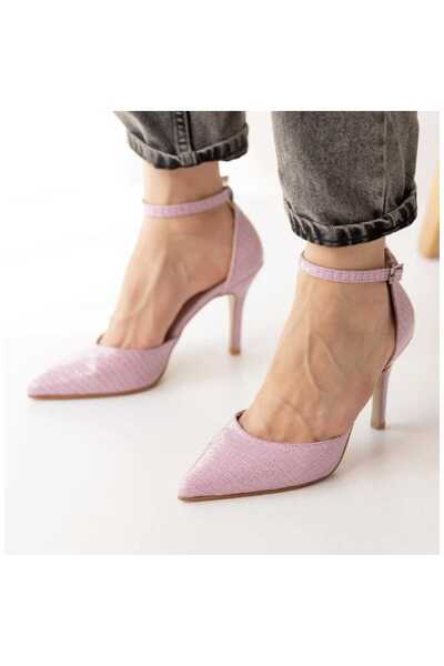 nuvilo Purple Snake Skin Pattern 8.5cm Belt Strap Pointed Toe Stiletto Thin H...