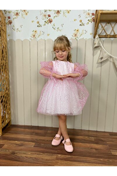 Magu Kız Çocuk Pamuklu Pembe Parıltılı Parti ve Özel Gün Elbisesi – Rahat Astarlı Tasarım