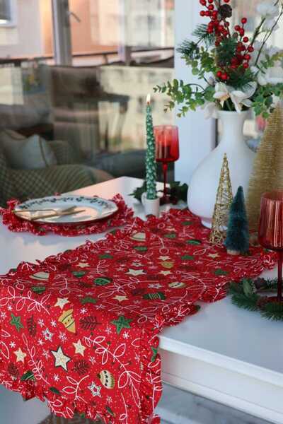vintagetasarım Christmas Concept Runner Red Ruffled 40X130Cm Duck Linen