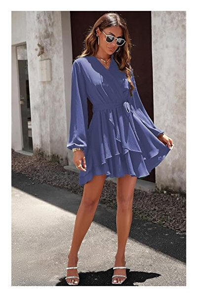 OEM Rochie de damă Jiraewh, poliester, decolteu în V, albastră, mărimea XL