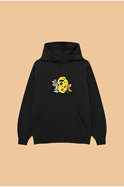 PURE POWER BapeXtomNjerry UNISEX قصة فضفاضة سويت شيرت قطني أسود K بغطاء رأس م...