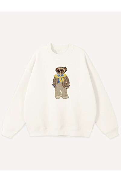 Bengi Clothing Teddy Bear Printed White Organic Cotton Sweatshirt