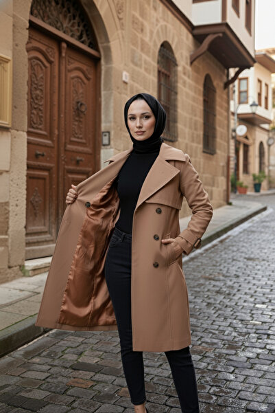 Zeneva Collection KOYU BEJ %100 Pamuk Gabardin Midi (95 cm) Astarlı Kemerli K...