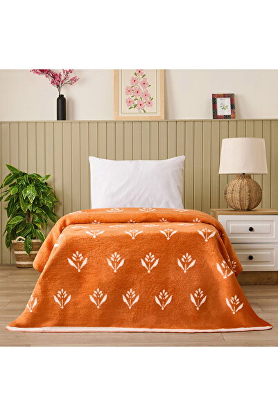 MATMEL Soft Elias Cotton Single Blanket - Ecru / Orange - 150X200 cm