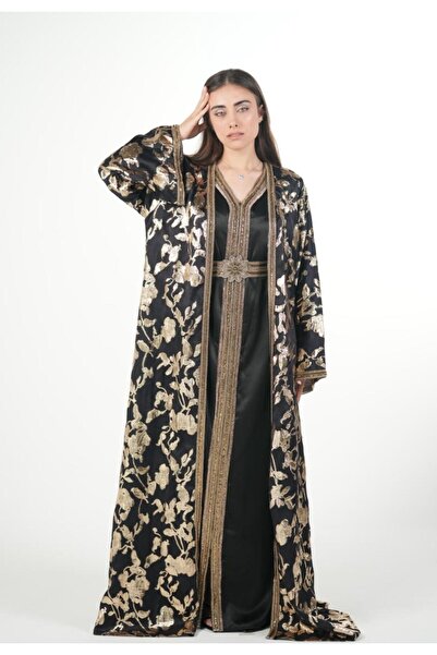 al bent al sharqieh Moroccan embroidered satin kaftan dress with a waist belt