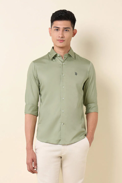 U.S. Polo Assn. Mens Olive Green Pure Cotton Satin Shirt